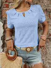 Eyelet Round Neck Short Sleeve Top Light Blue OutfitFlow